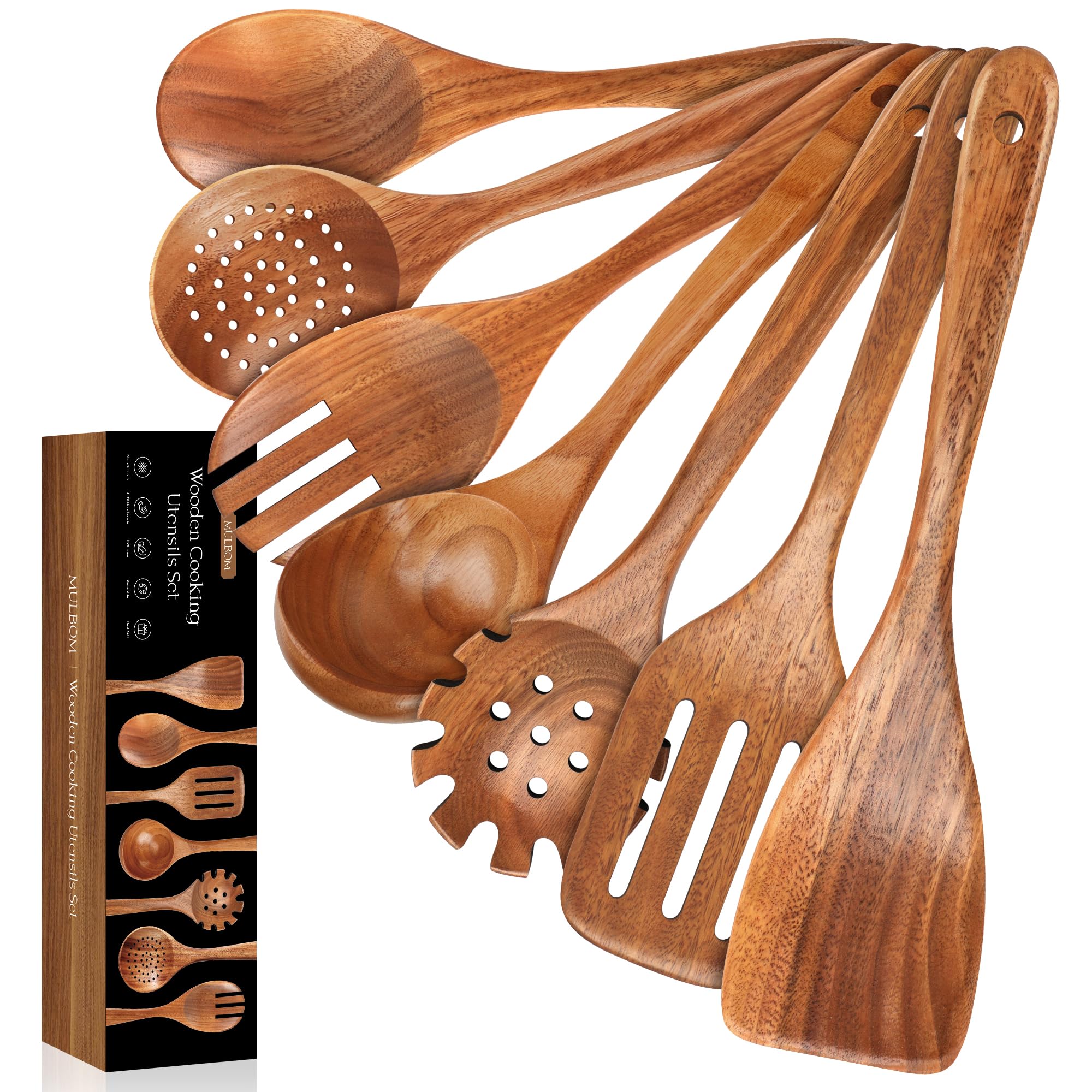 MULBOM juego de cucharas de madera para cocinar sin rayar superficies