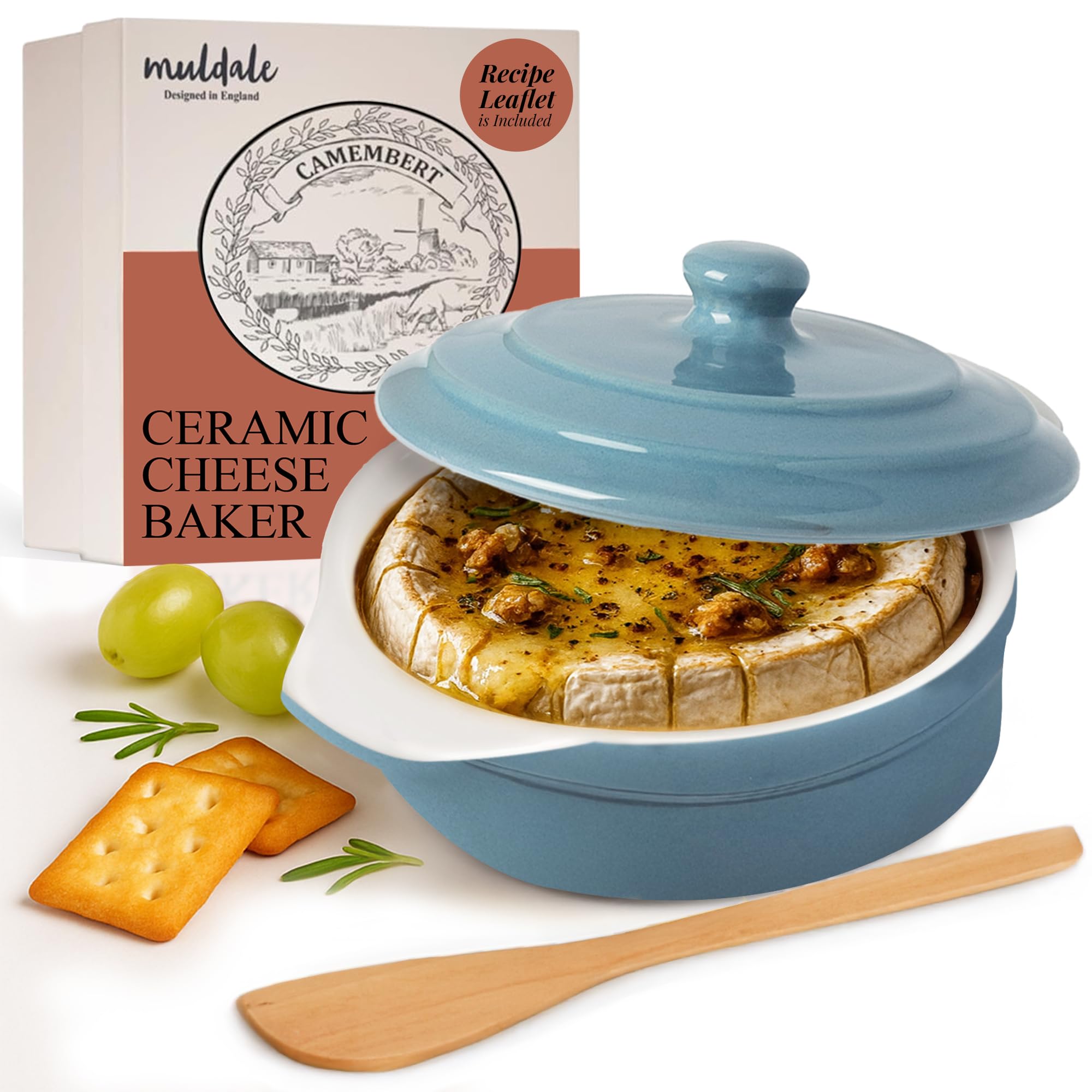 Horno para brie Muldale con tapa azul, ideal para hornear camembert en casa.