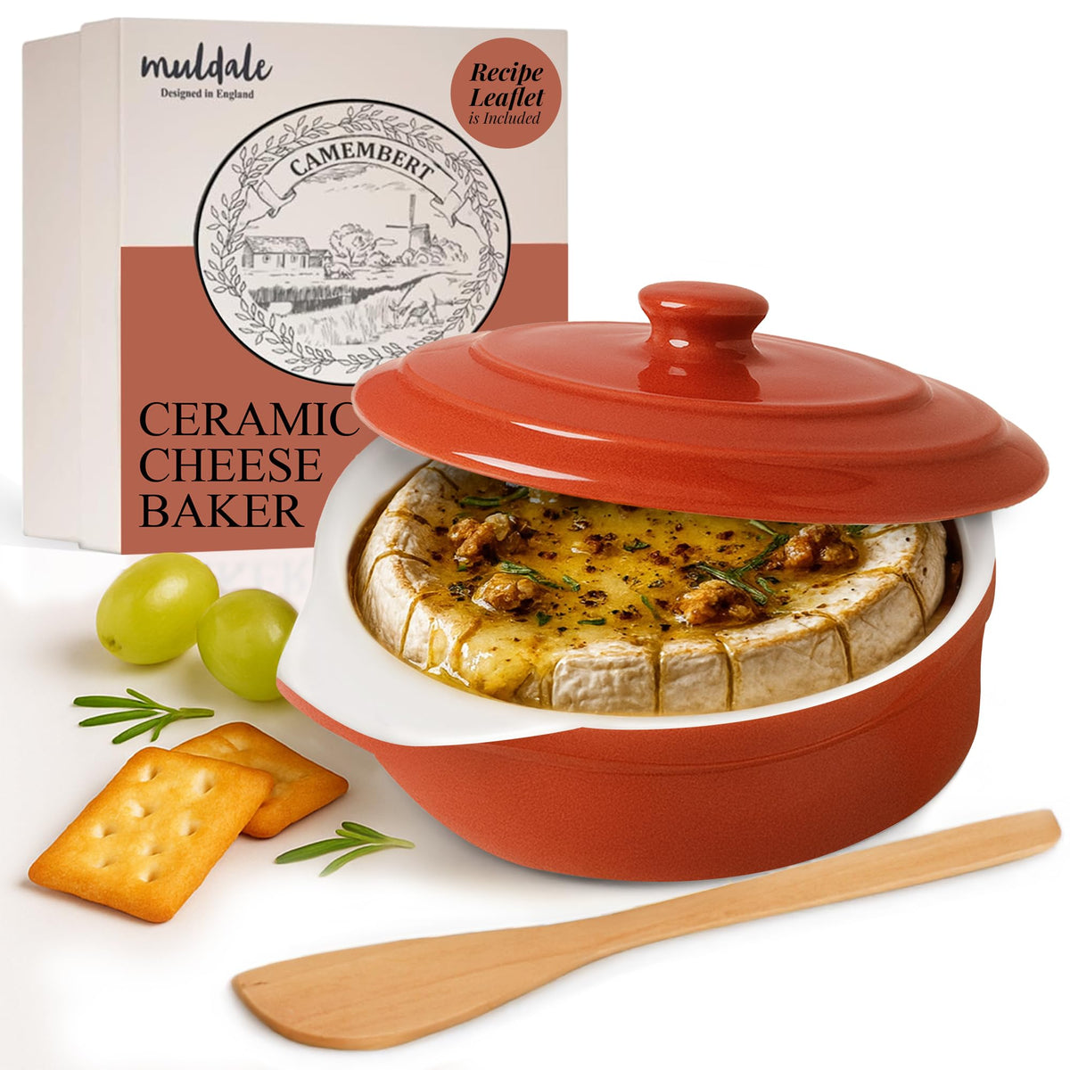 Muldale Brie Baker con tapa y espátula para servir quesos calientes en mesa.