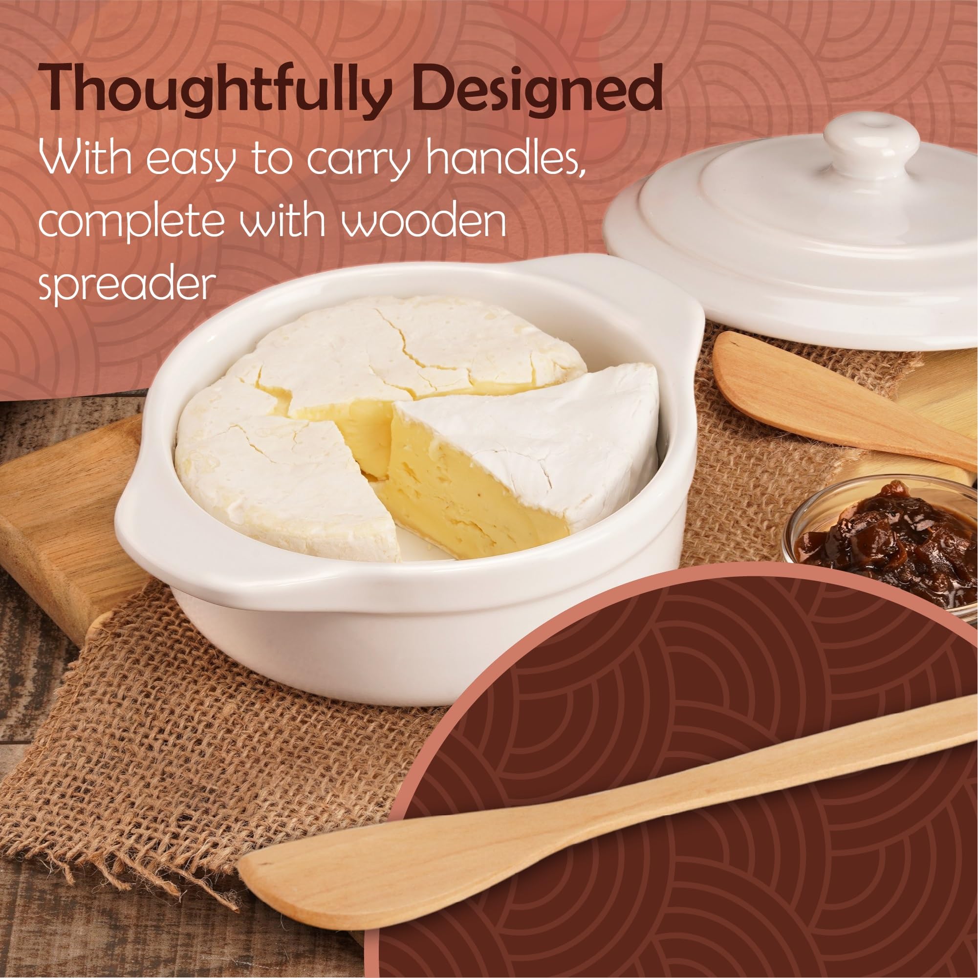 Muldale Brie Baker vista lateral con tapa puesta, mantiene el queso caliente para compartir