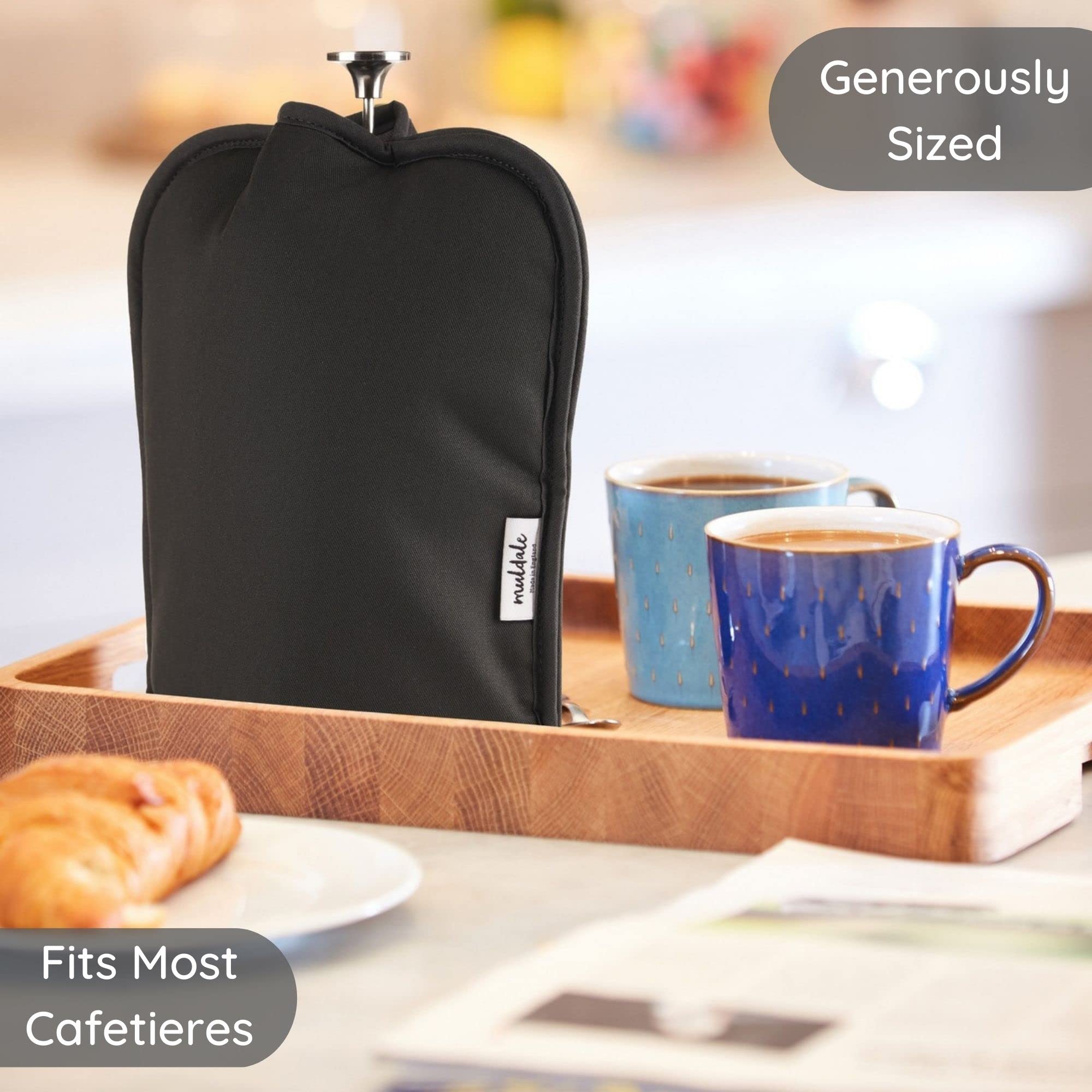 Muldale funda aislante para cafetera negra, ideal para conservar calor.