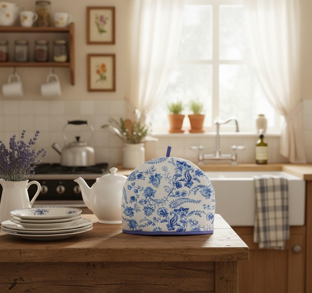 Funda Muldale azul y blanco combina con vajilla de té