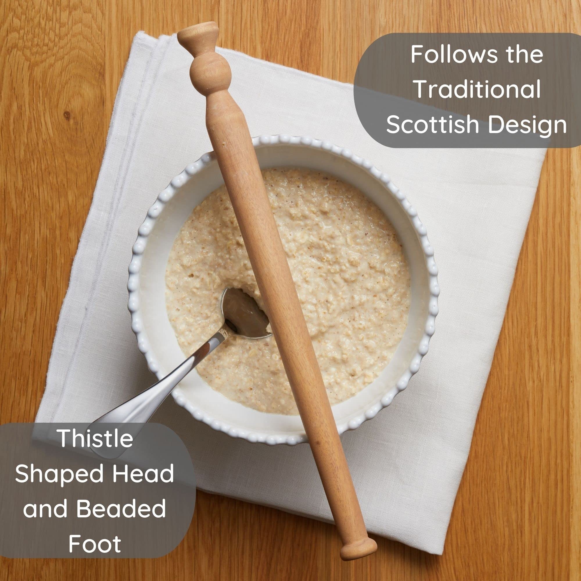 Muldale spurtle de abedul natural, diseño tradicional para batir avena sin grumos.