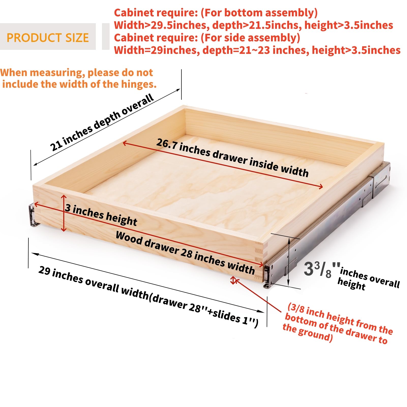 Mulush cajón deslizante de madera para cocina, medidas externas para planificación.