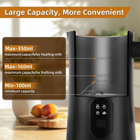 MUMAO capacidad 350 ml para calentar leche de forma homogénea.