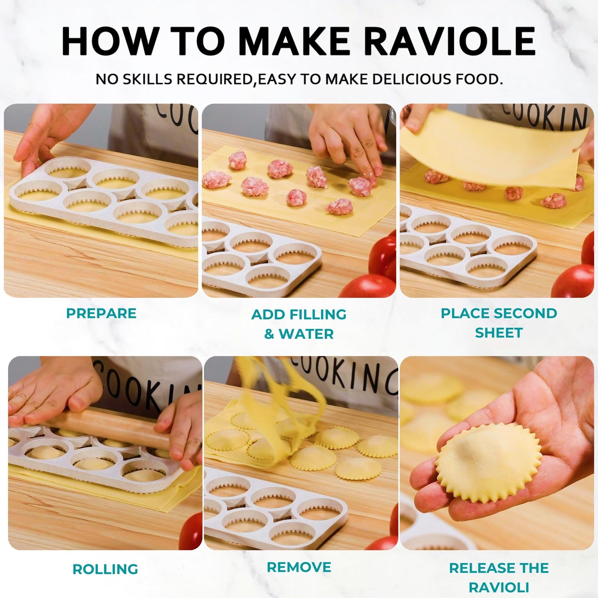 Contenido del kit de ravioli MUMSUNG para uso en casa.