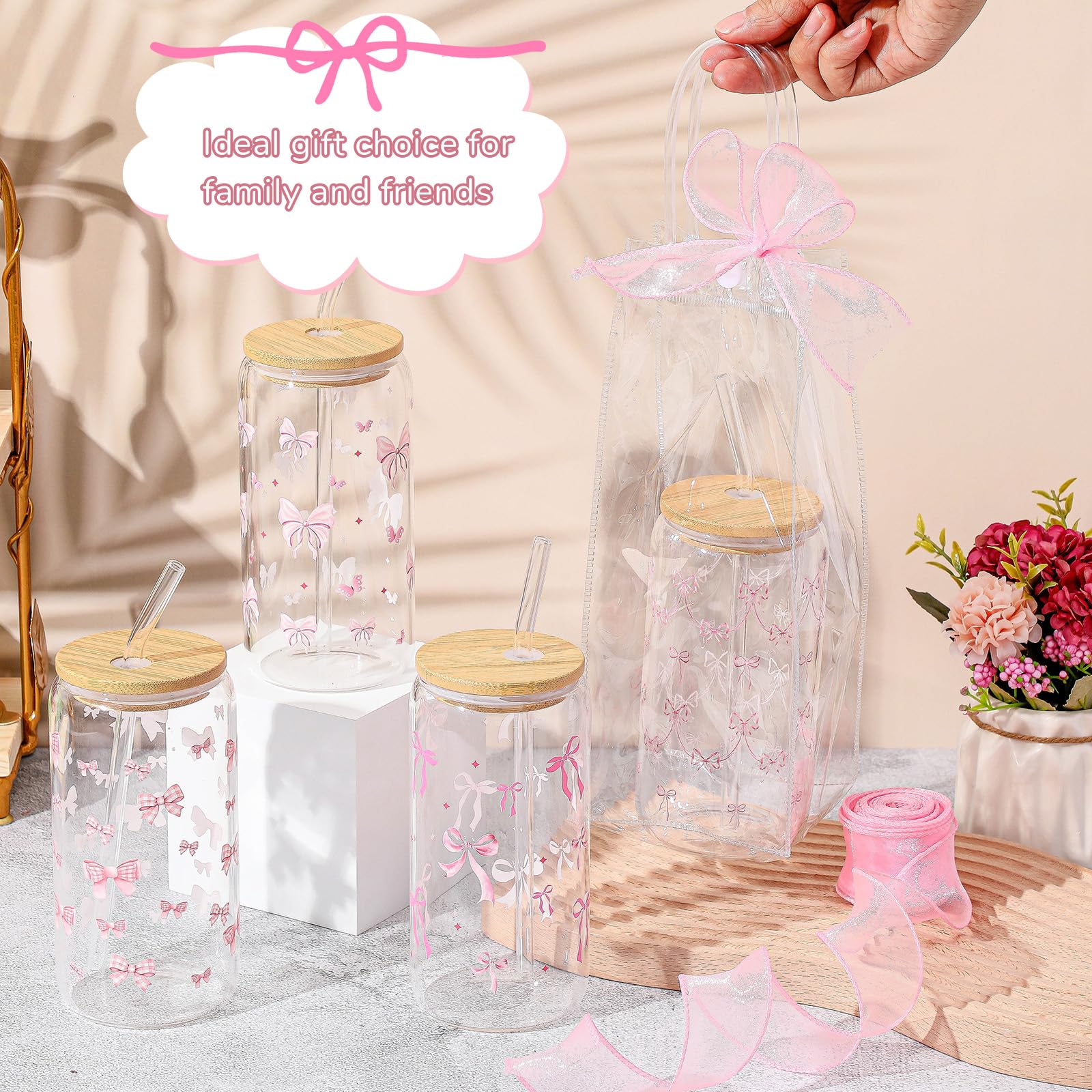 Diseños de lazo en vasos Mumufy, detalles rosados