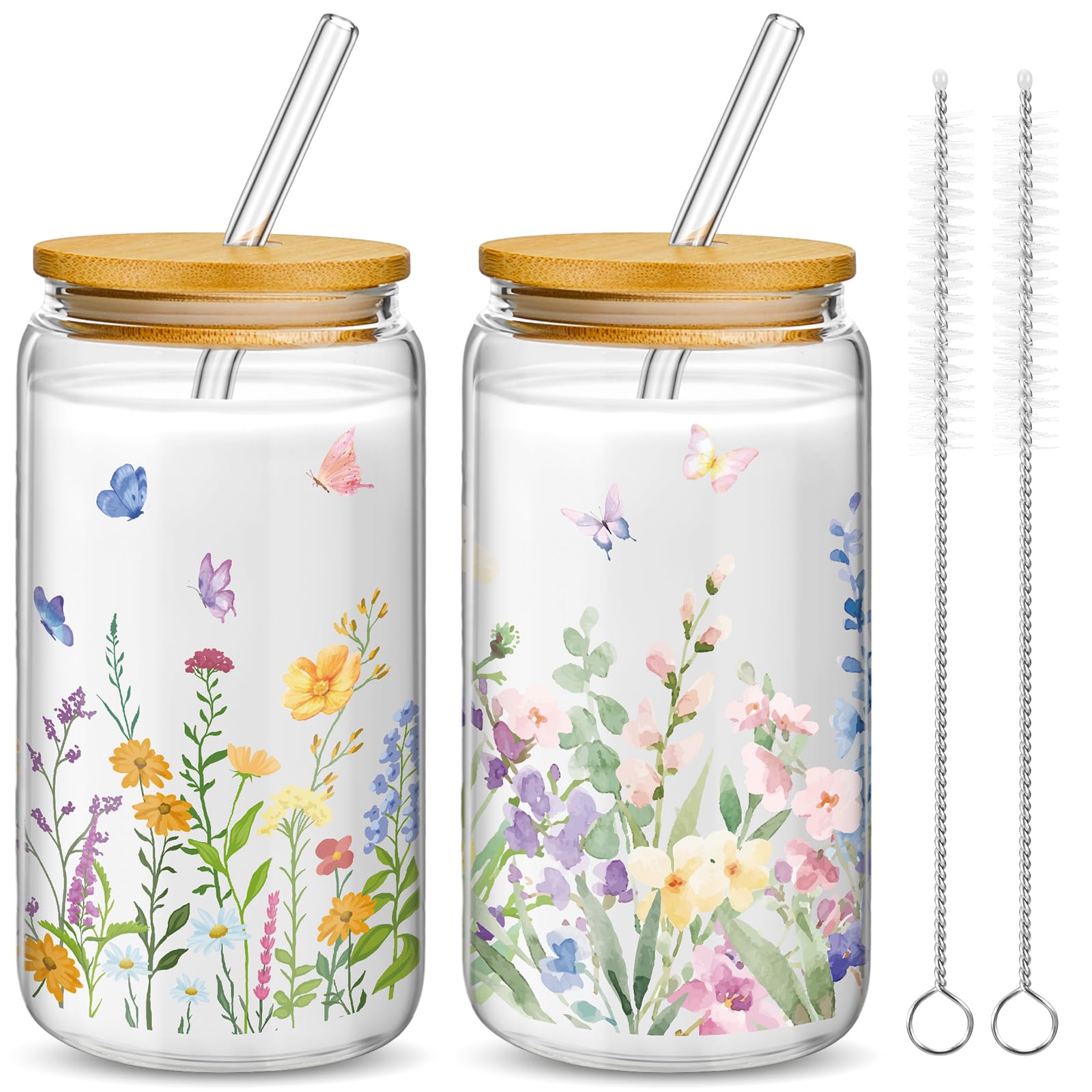 Vaso Mumufy con flor salvaje y tapa de bambú, ideal para café helado y estilo.