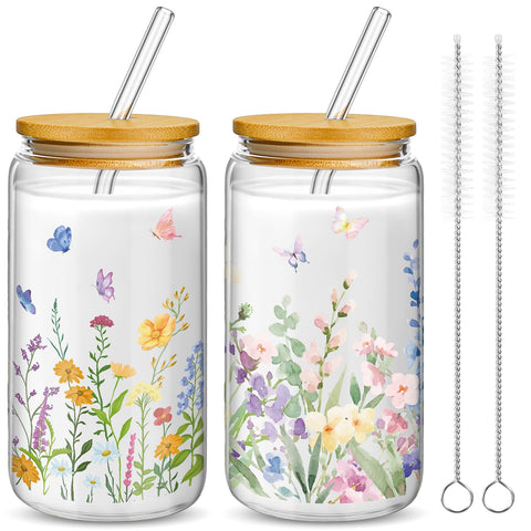 Vaso Mumufy con flor salvaje y tapa de bambú, ideal para café helado y estilo.