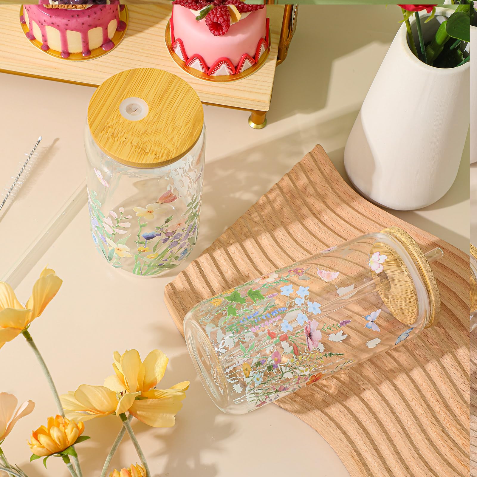 Vaso Mumufy de cristal claro y tapa de bambú, diseño duradero.