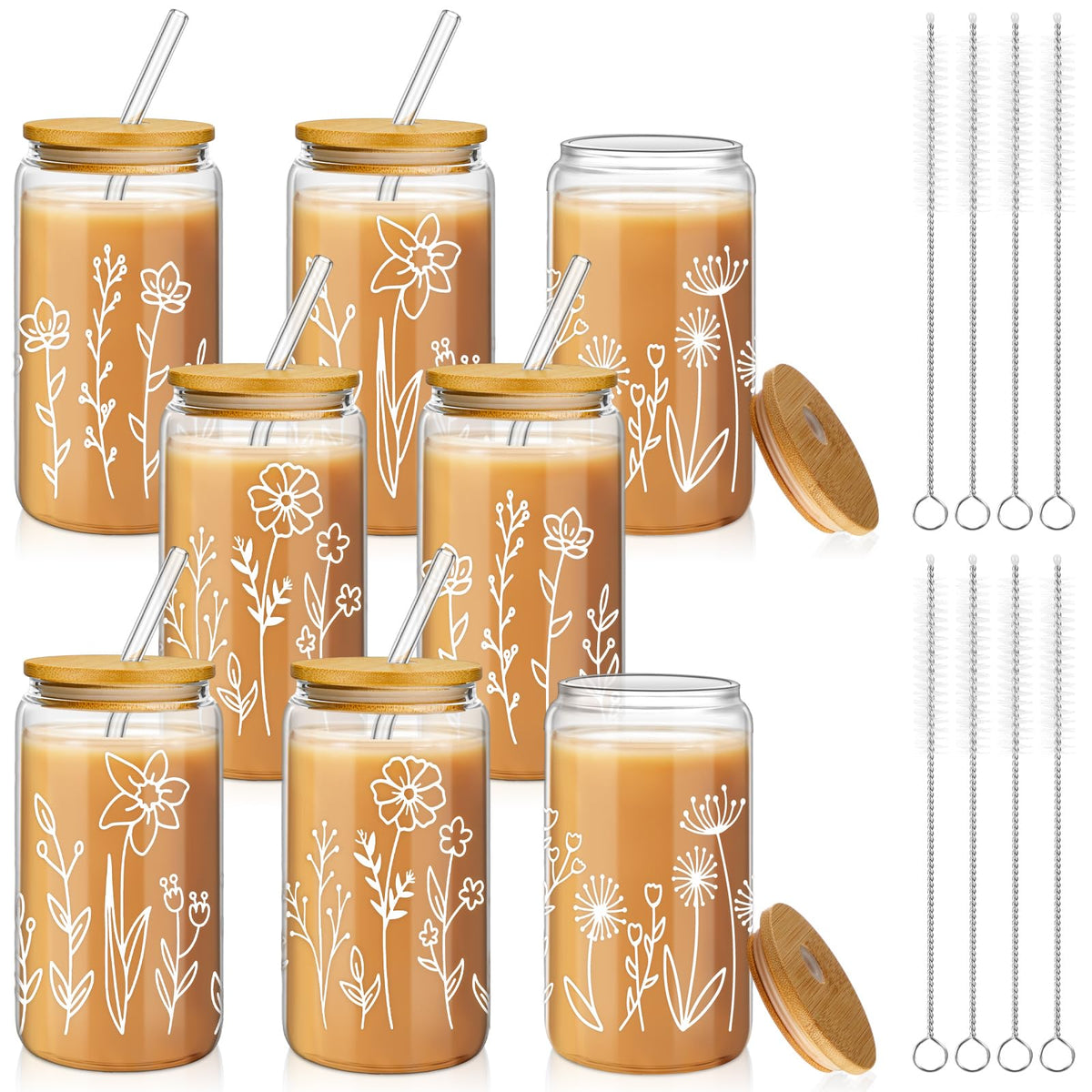 Vaso Mumufy bohemio floral 16oz, ideal para bebidas frías o calientes.