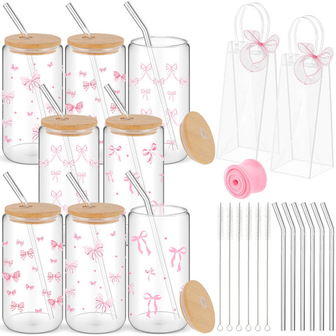 Vaso Mumufy coquete con lazo y tapa rosa, ideal para bebidas frías
