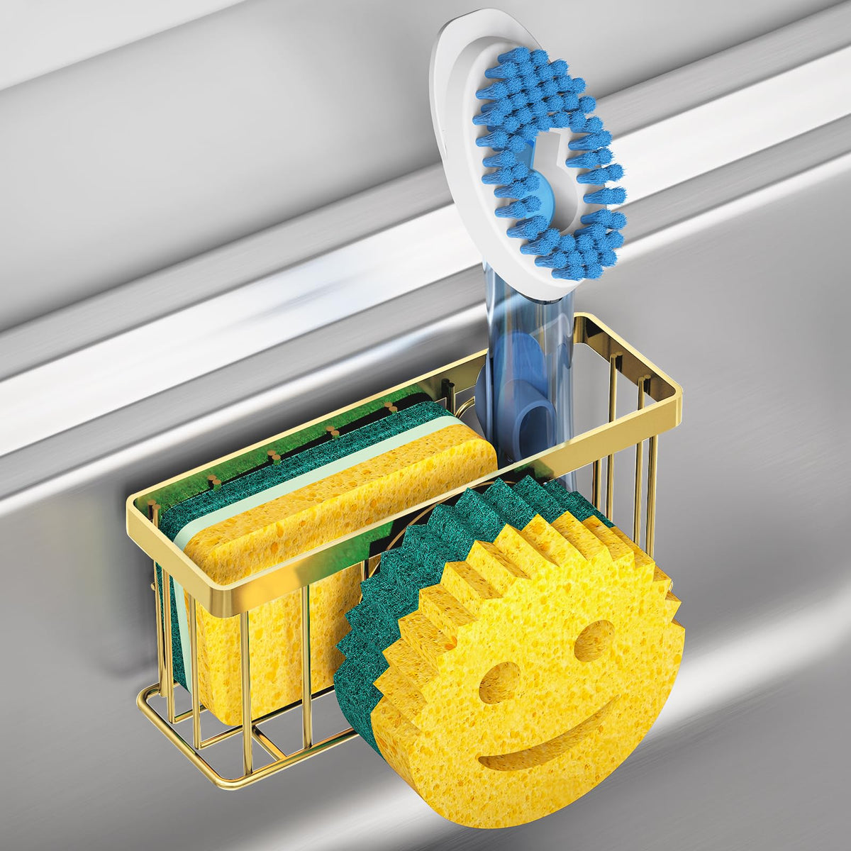 MURLONG esponja sonrisa: soporte práctico para fregadero dorado.