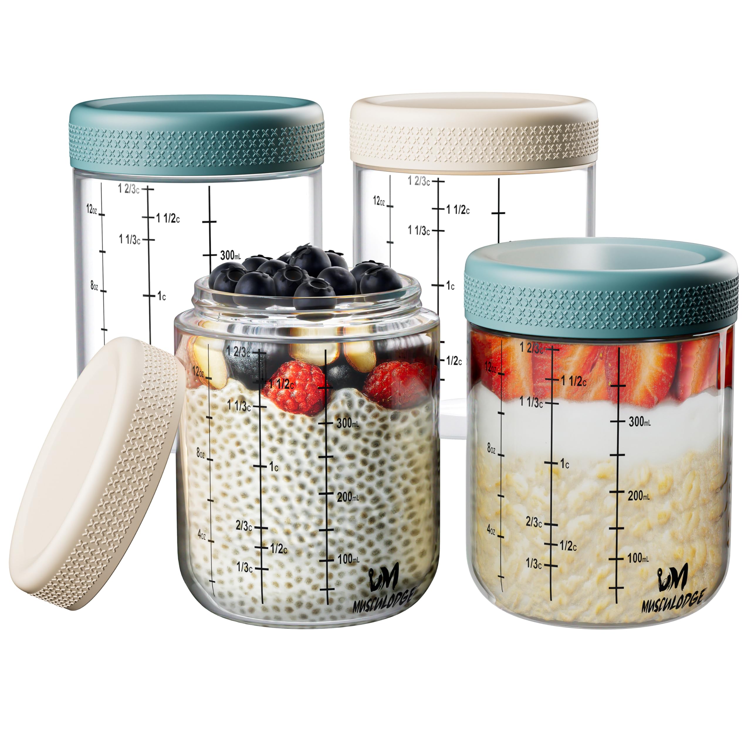 MUSCULODGE contenedor de vidrio para avena remojada, tapa hermética para frescura y transporte diario.