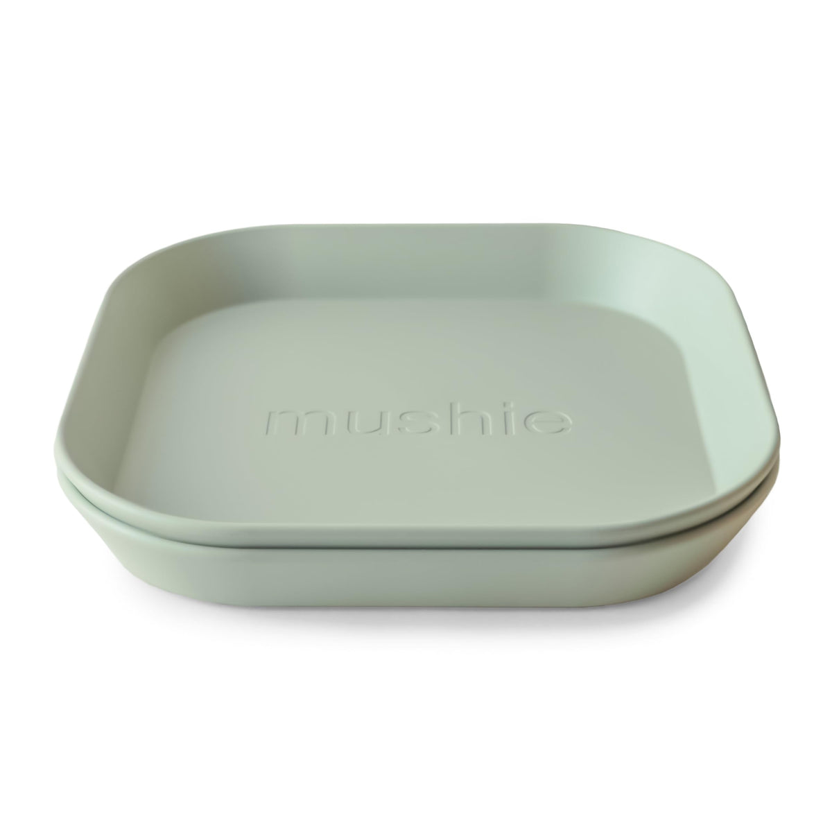 Mushie platos cuadrados Salvia, vista frontal de dos unidades, aptos para niños.