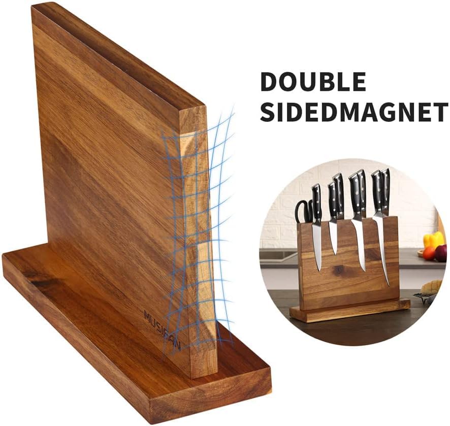 Musifan bloque magnético, detalle de madera de acacia, textura cálida y duradera.