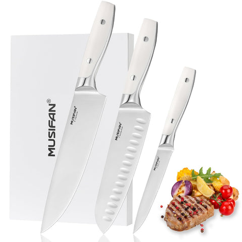 Musifan set cuchillos cocina 3 piezas mostrando el borde afilado para cortes precisos