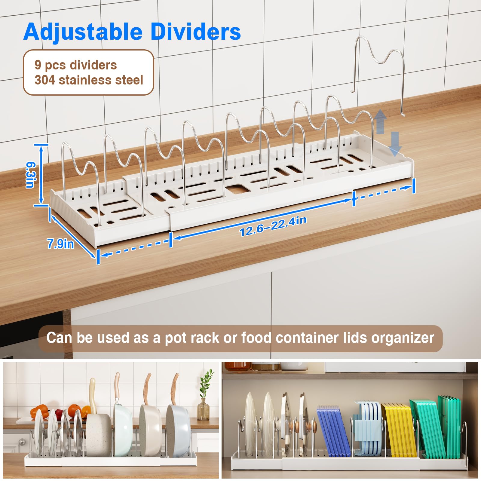 Mustorn divisores de acero inoxidable ajustables para organizador de tapas.