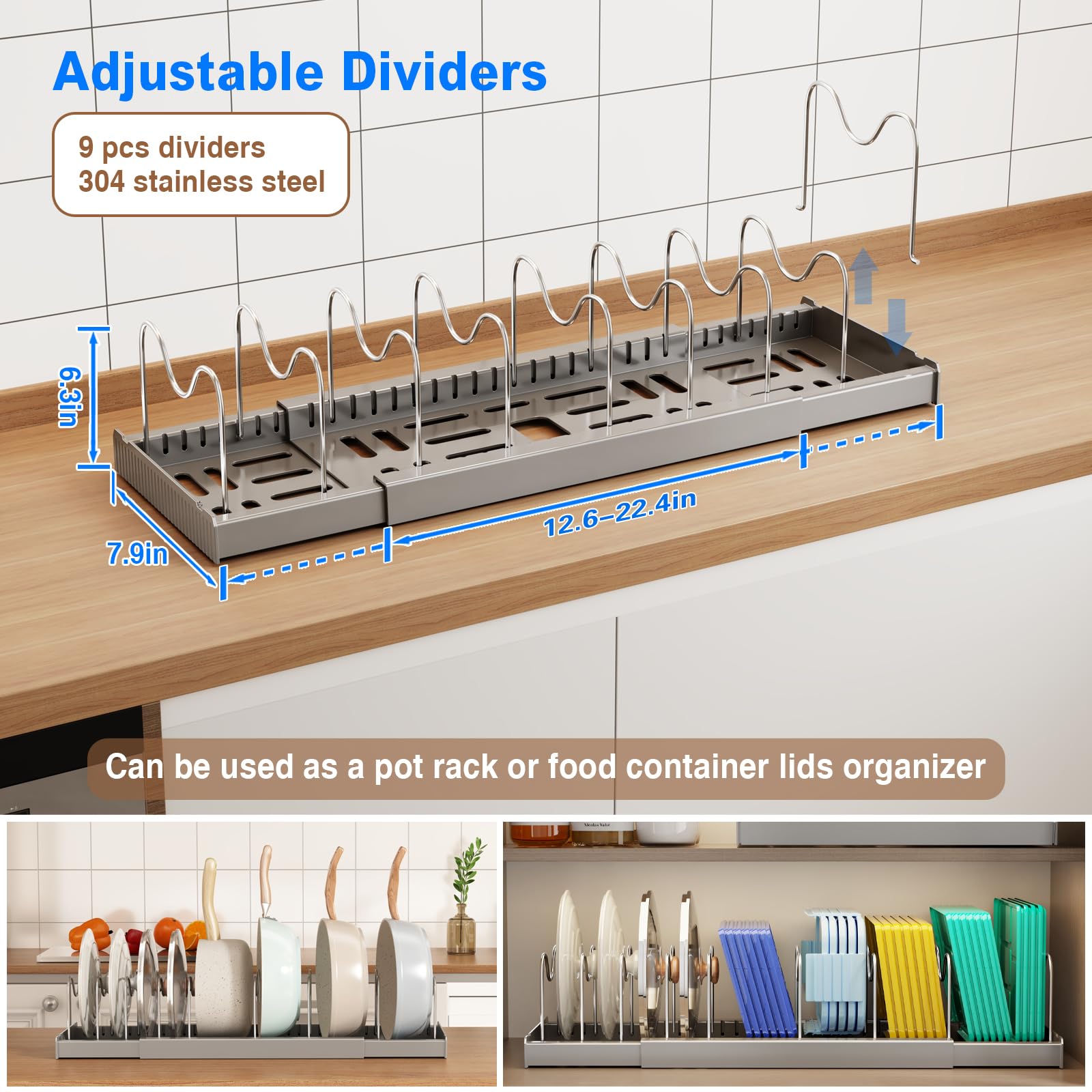 Mustorn con divisores de acero inoxidable ajustables para separar tapas y utensilios.