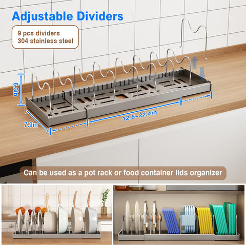 Mustorn con divisores de acero inoxidable ajustables para separar tapas y utensilios.