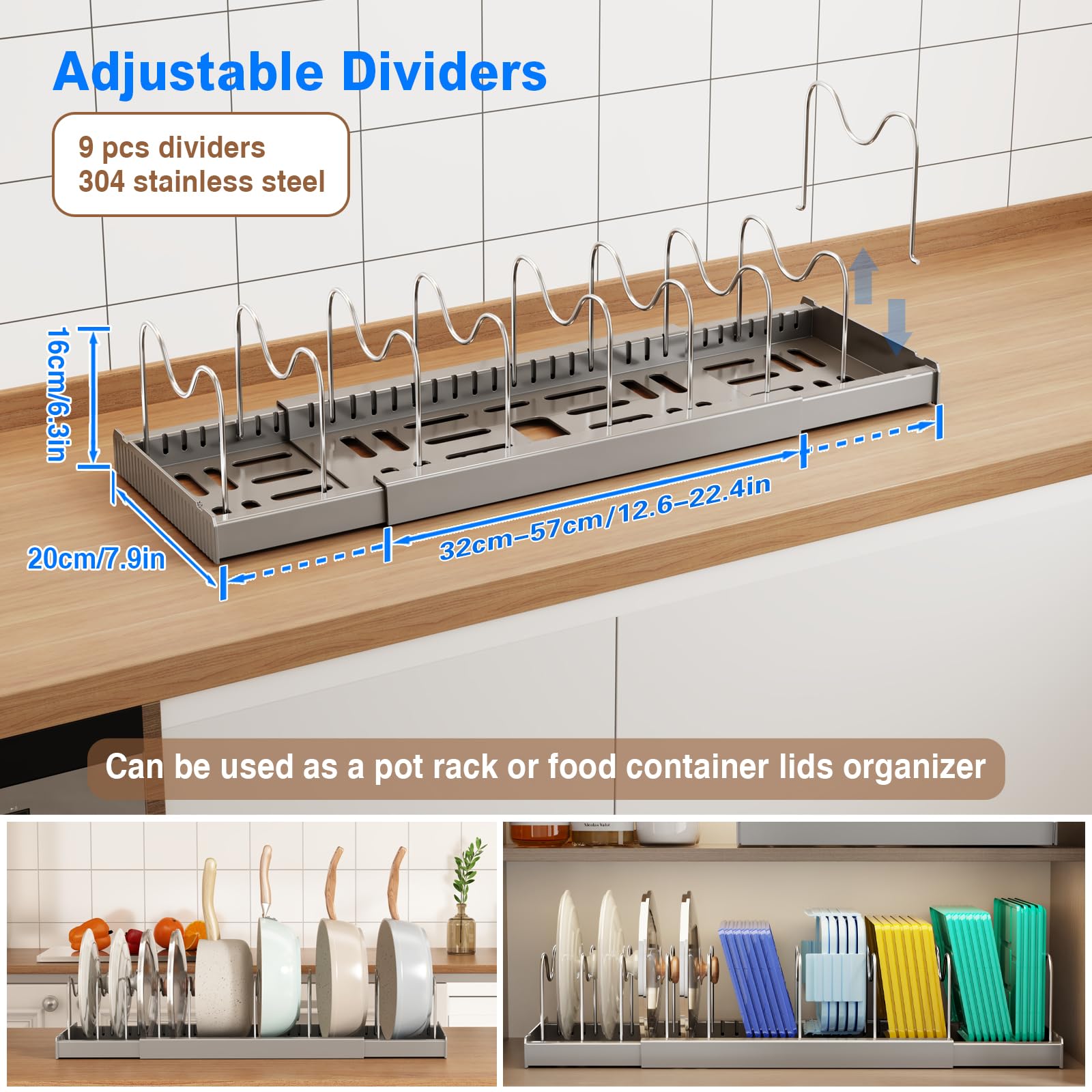 Mustorn divisores de acero inoxidable ajustables para separar tapas y sartenes.