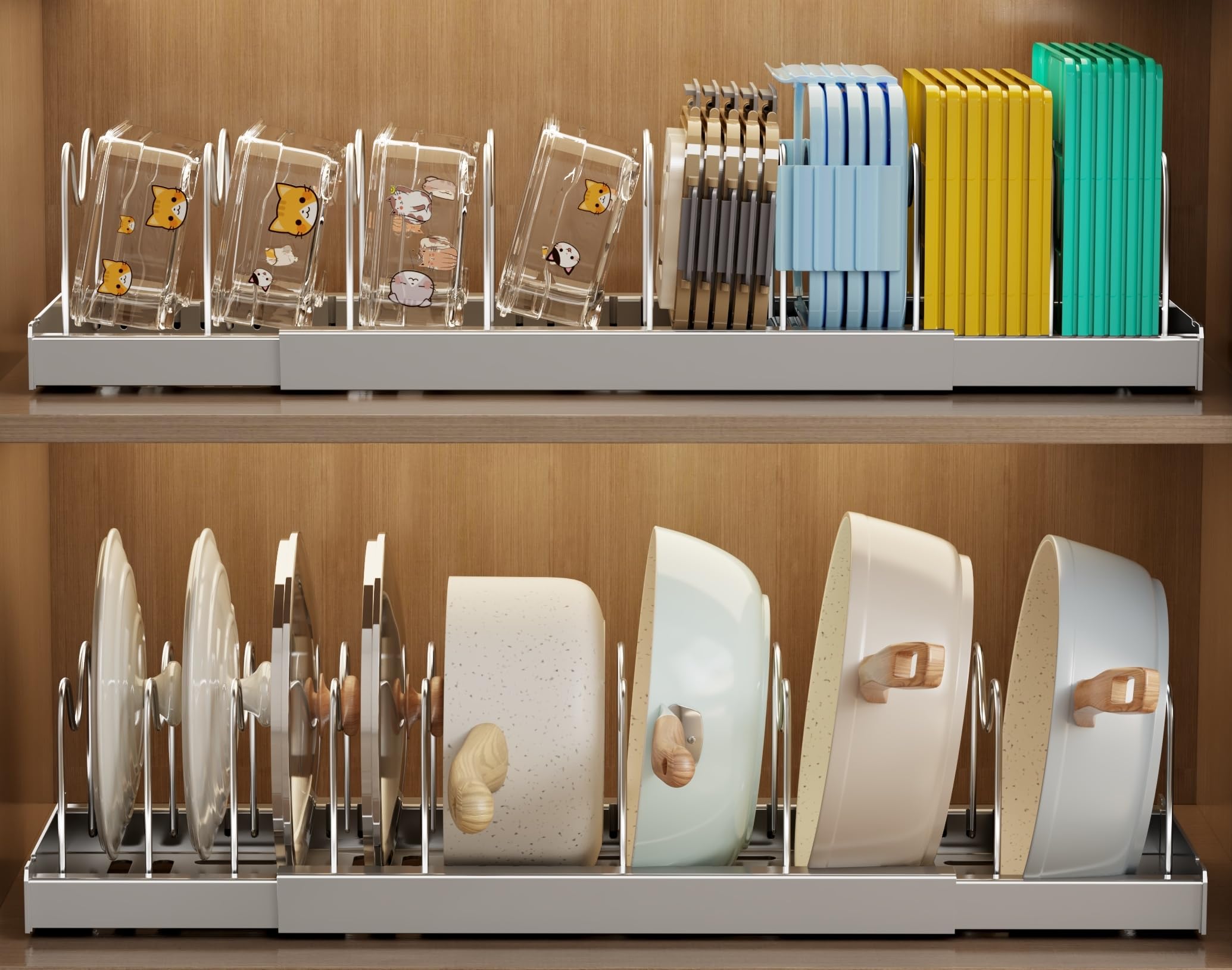 Mustorn organiza tapas y ollas bajo armario, diseño extensible para ordenar la cocina.