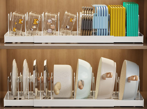 Mustorn par de organizadores de tapas bajo armario extensible para sartenes y utensilios.
