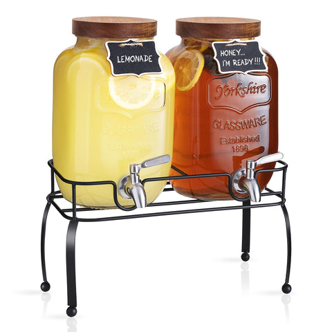 Mustry dispensador de bebidas de vidrio 1 galón con soporte, ideal para fiestas.