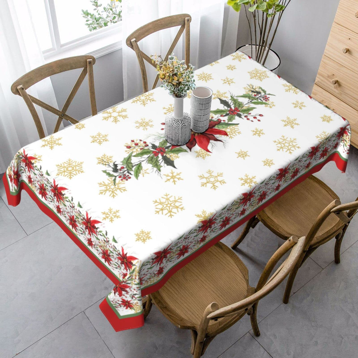 Mantel Mutakin navidad flor copos nieve, ideal para mesa festiva y protección elegante.