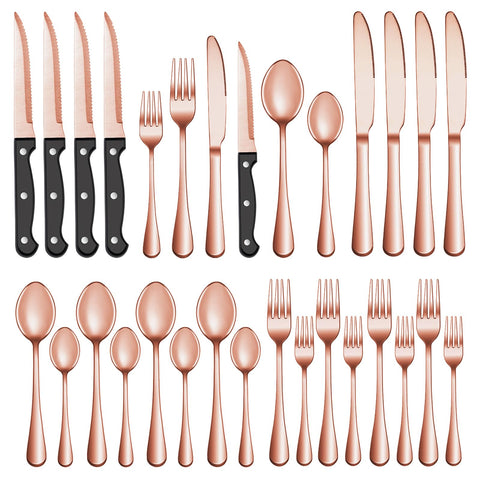 Juego de cubiertos MUTNITT en oro rosado con acabado espejo para mesa elegante