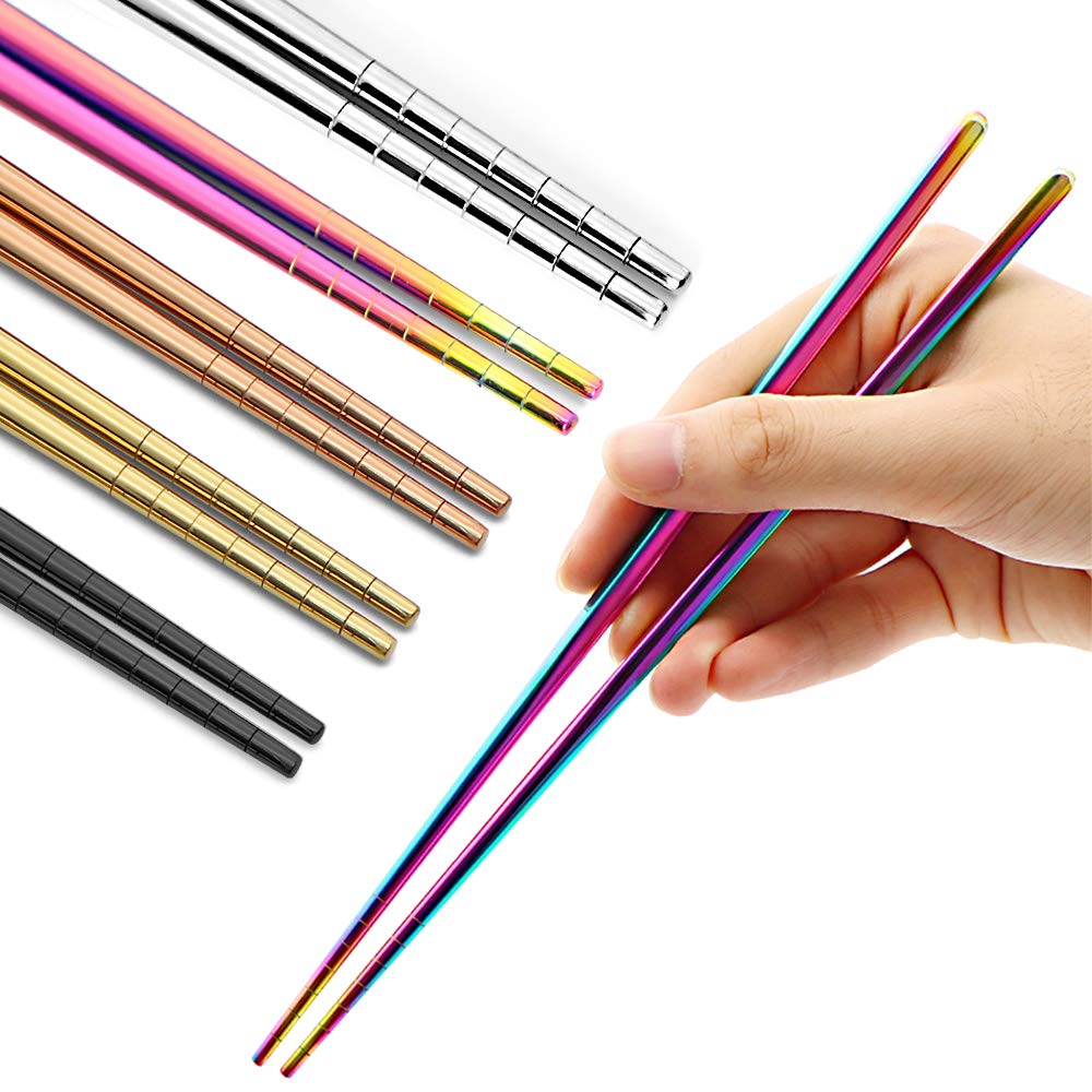Palillos MUYOS de acero inoxidable 304, 5 pares, set multicolor para uso diario.