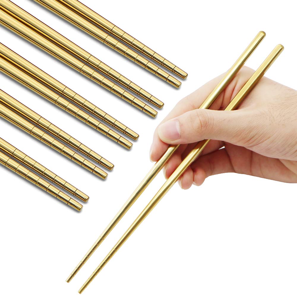 MUYOS palillos de acero inoxidable, 5 pares dorados, fáciles de limpiar y duraderos.