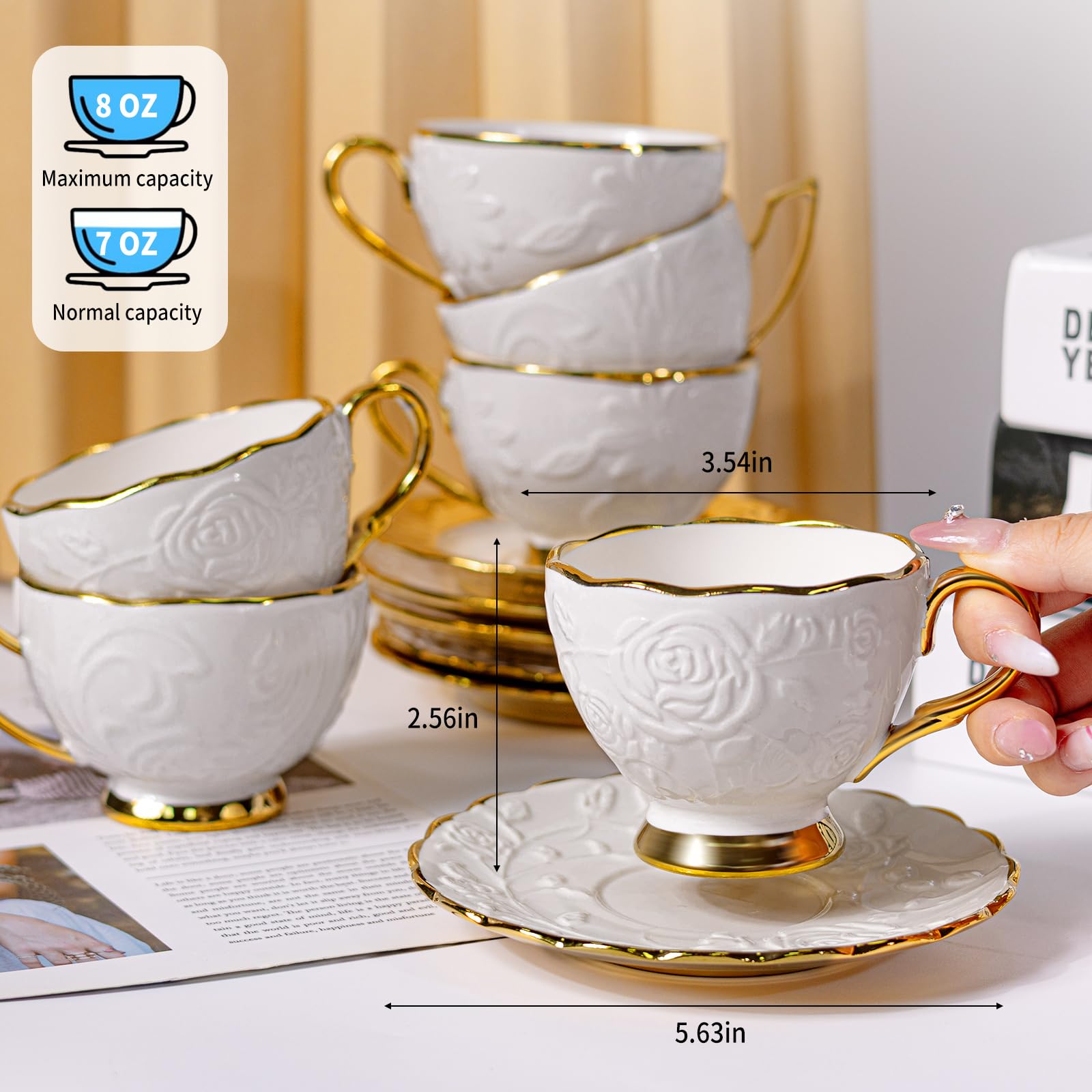 Muzizyq set de 6 tazas con platillos dorados, perfecta para reuniones y desayunos elegantes.