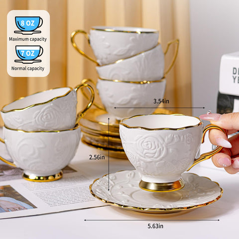 Muzizyq set de 6 tazas con platillos dorados, perfecta para reuniones y desayunos elegantes.