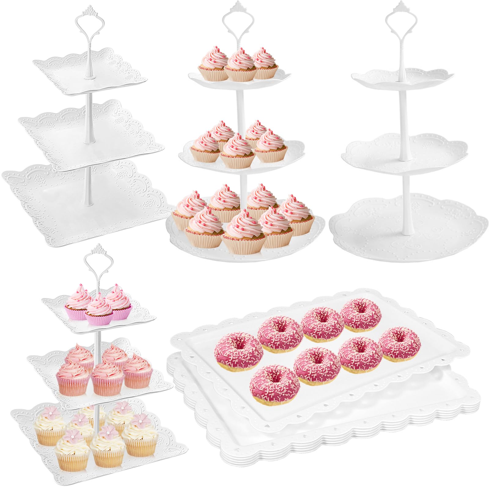 Mwellewm portacupcakes tres-niveles blanco para exhibir cupcakes en eventos.
