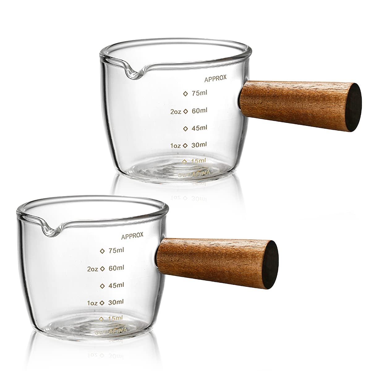 Mwellewm taza expreso con vertedor único y mango de madera para vertidos controlados.