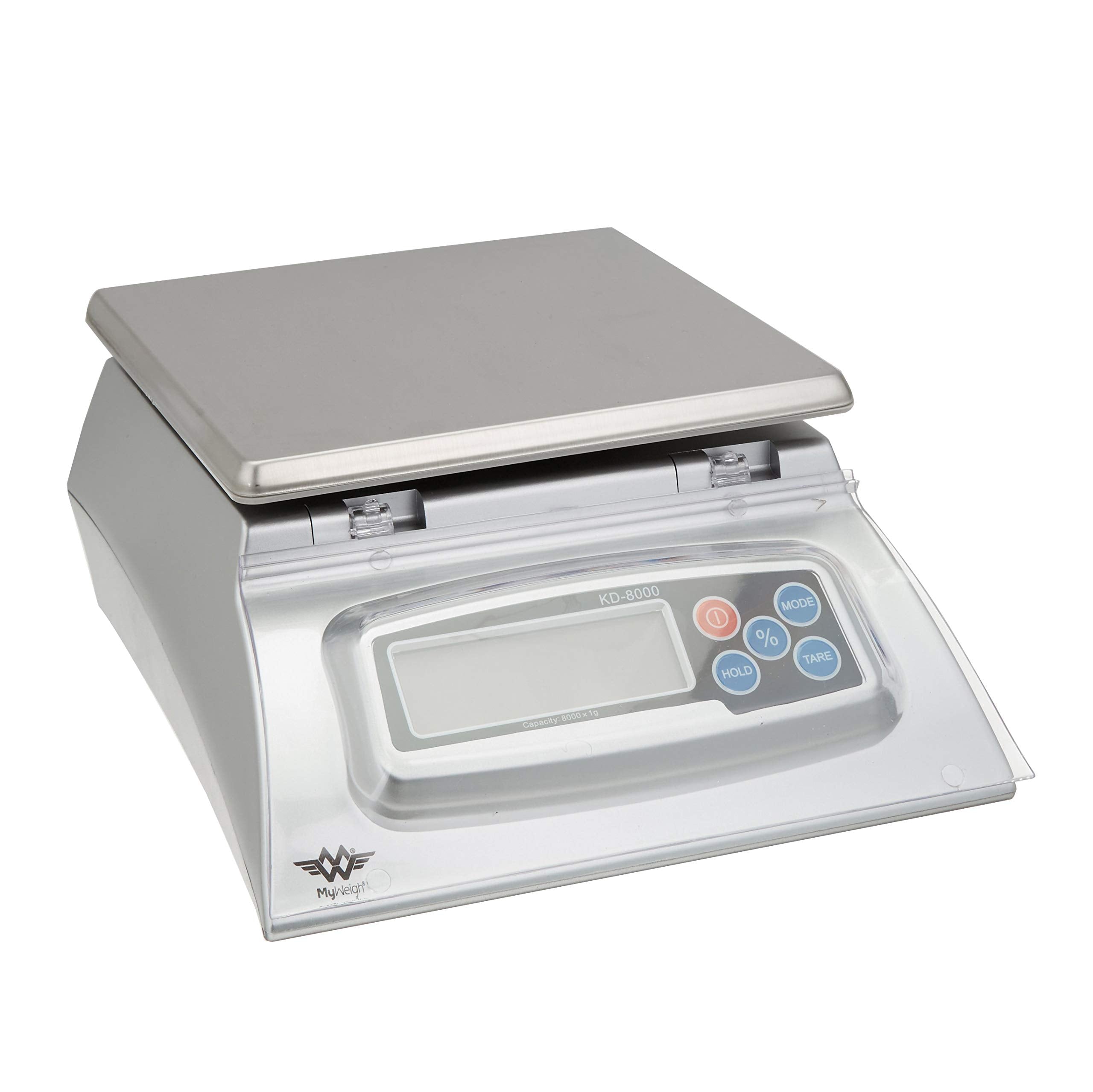 My Weigh KD8000 con cubierta de pantalla removible para limpieza fácil y uso versátil.