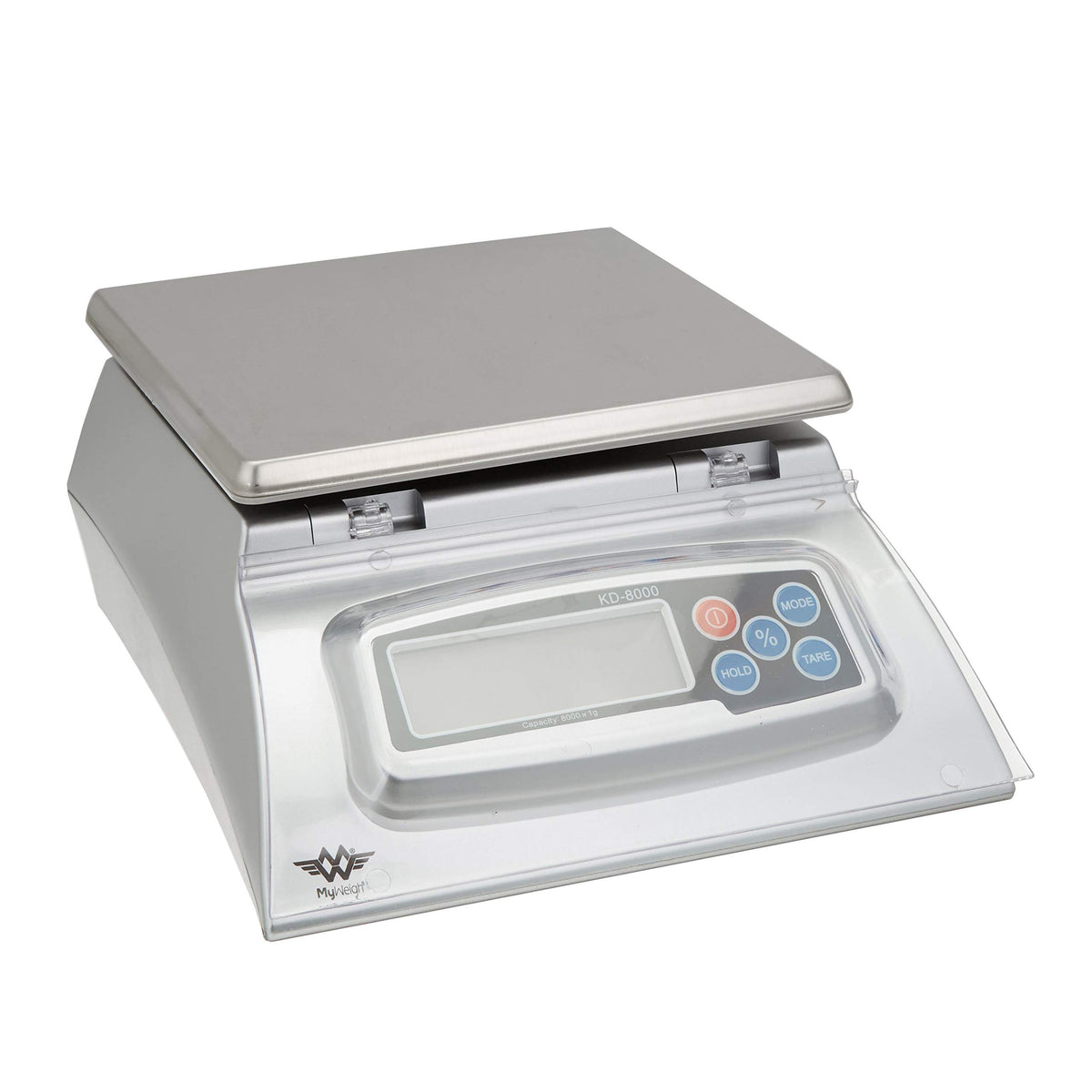 My Weigh KD8000 con cubierta de pantalla removible para limpieza fácil y uso versátil.