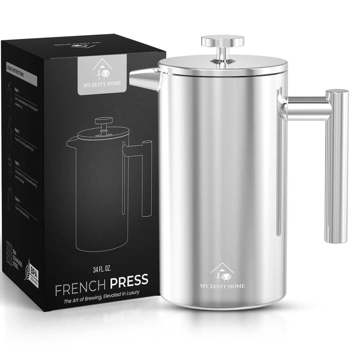 Prensa Francesa My Zesty Home en acero inoxidable 304 para 34 oz de café.