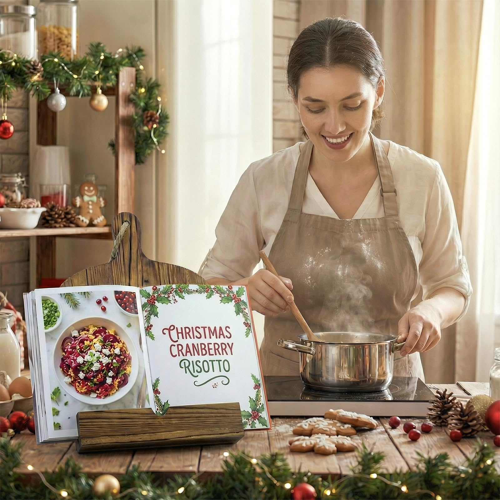 MyGift soporte de cocina con apoyo plegable, manteniendo las manos libres durante la cocción.
