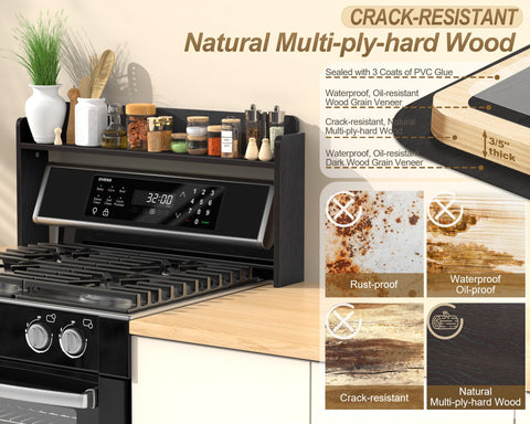 MyLifeUNIT estante sobre estufa, madera con veta negra y apariencia natural.