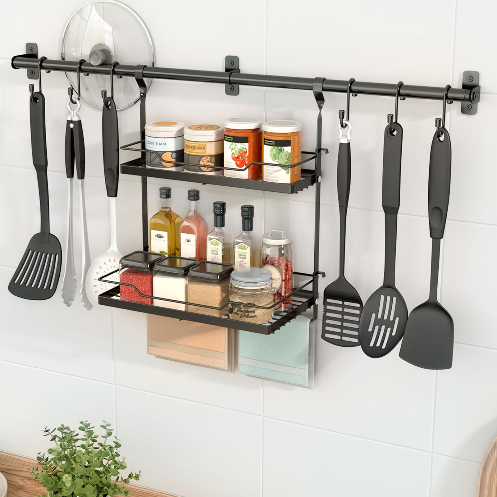 NADAMOO gancho para utensilios y estante de especias montado en la pared para mantener la cocina organizada.