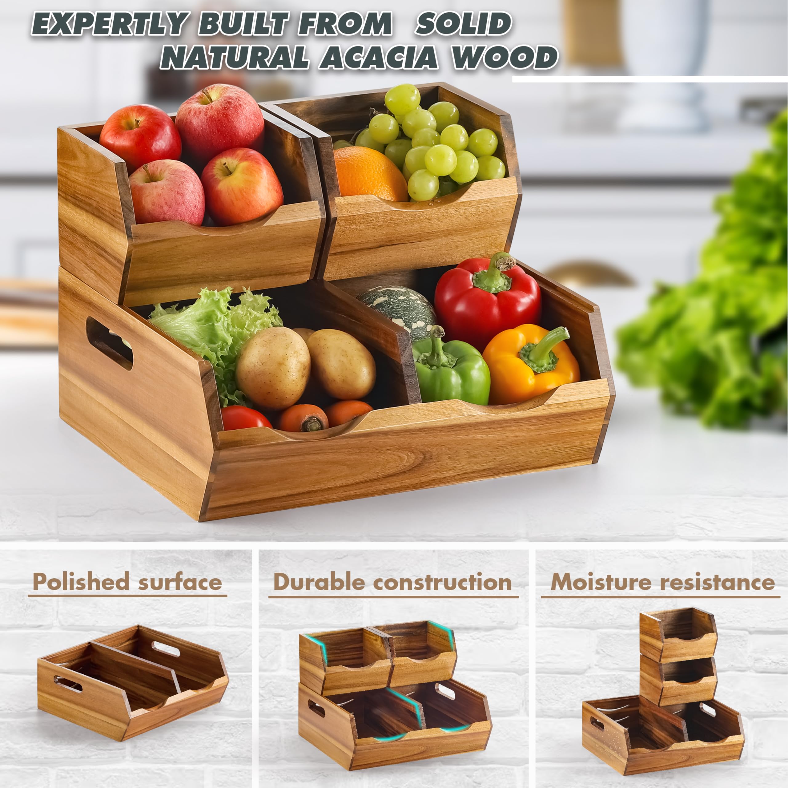 Cesta con frente abierto de NAGAWOOD para ordenar frutas y verduras.