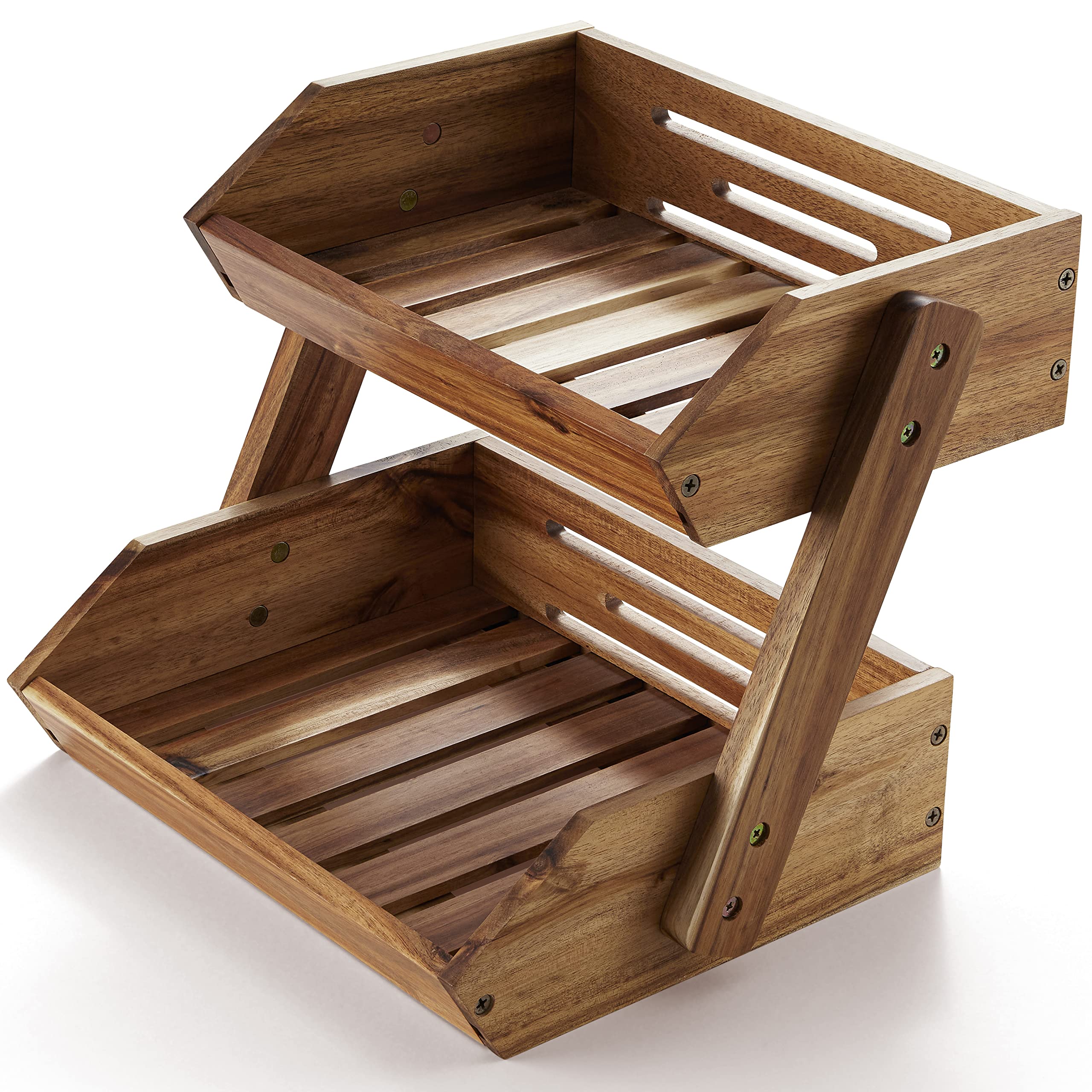 Canasta nagawood dos-niveles en acacia para ordenar la cocina.
