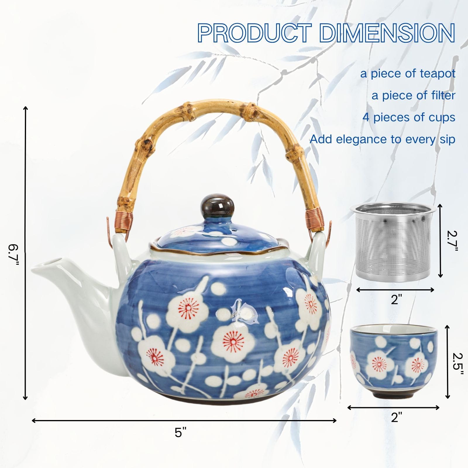 Nagpew tetera de floración con tazas, perfecto para té de sobremesa.