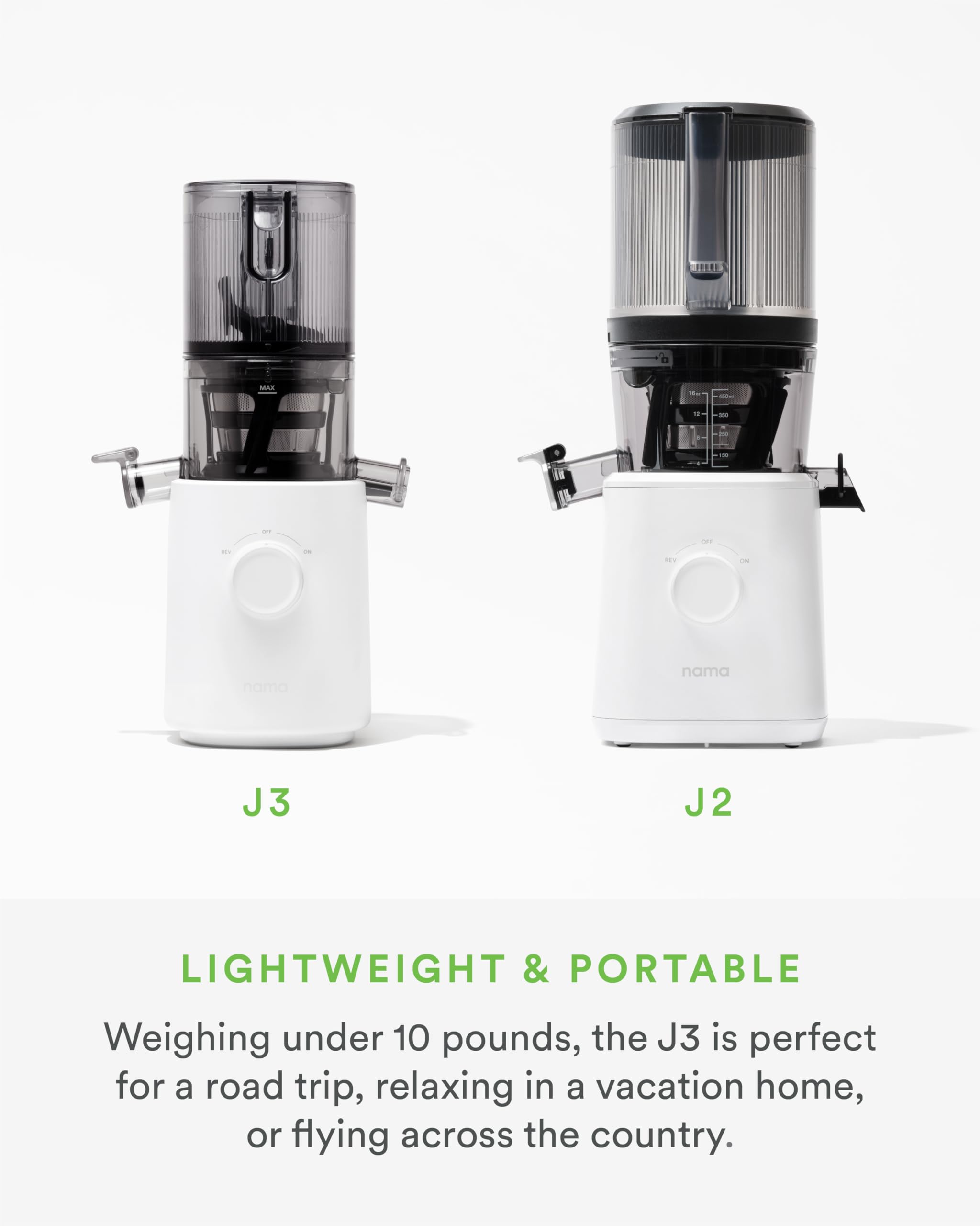 Nama J3 incluye recipientes de jugo y pulpa para limpieza organizada.