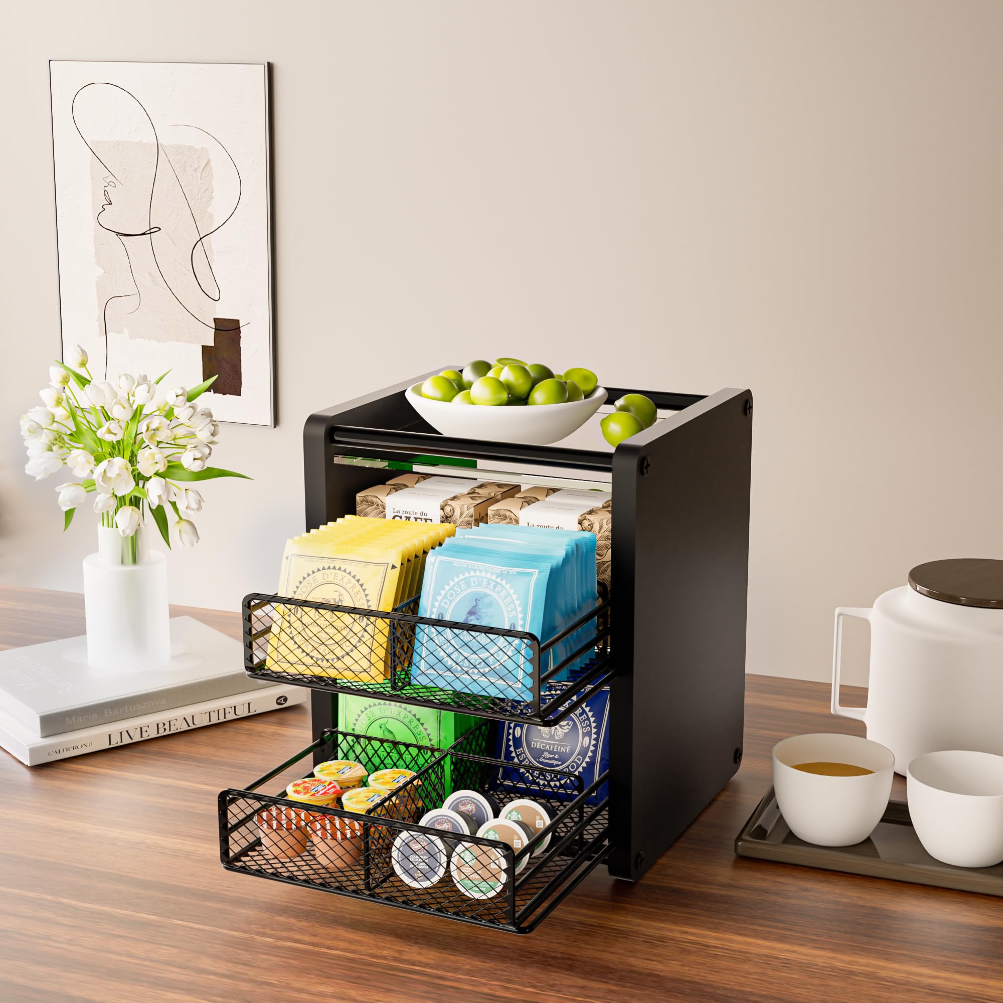 NANAGIFTREE cajones deslizables para ordenar bolsitas de té por sabor.