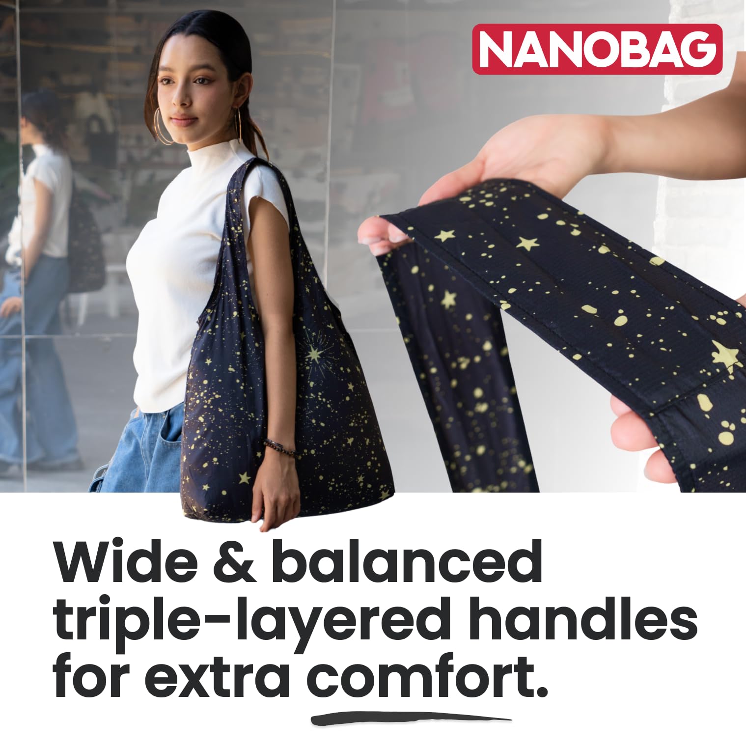 Nanobag, tejido nylon ripstop resistente para viajes y compras.