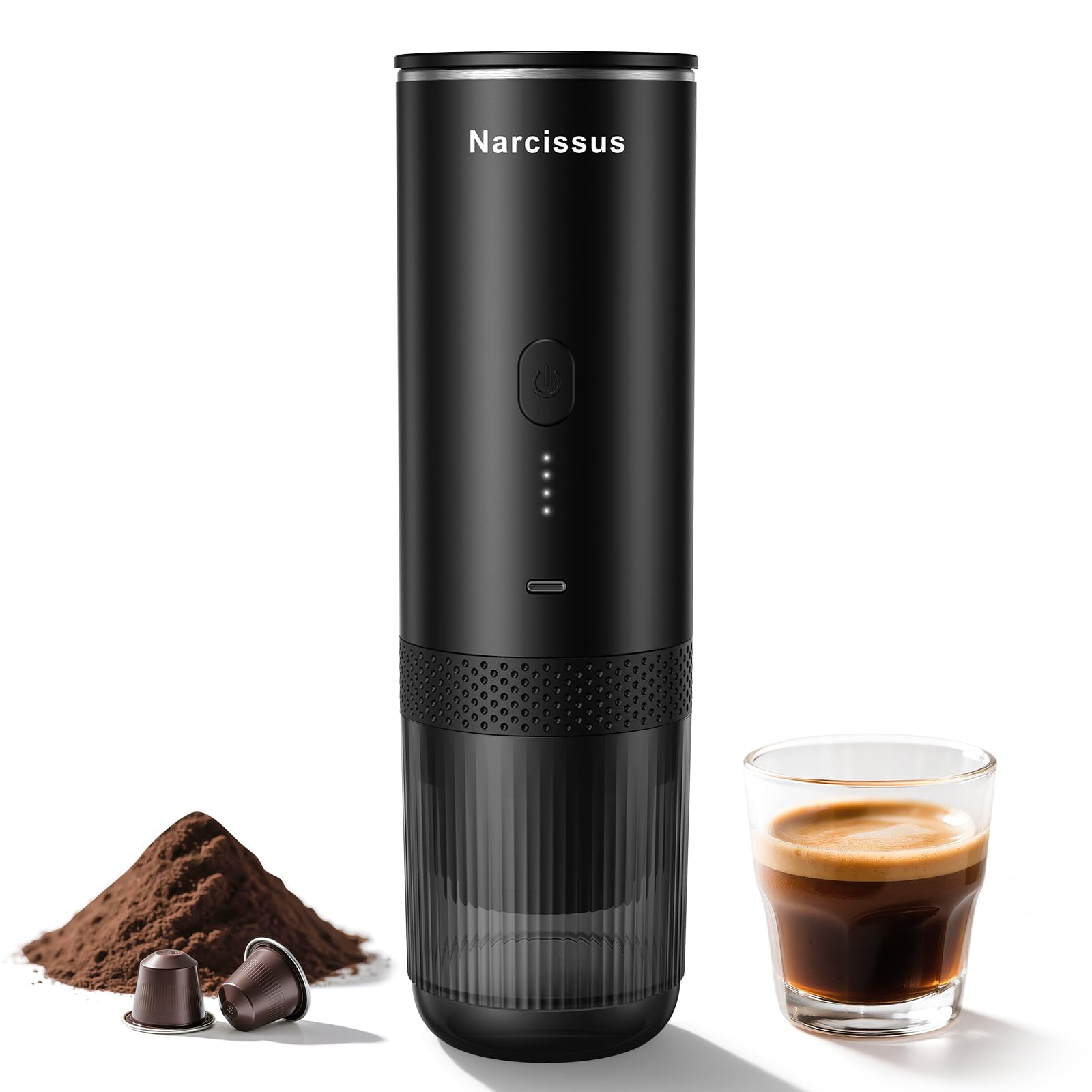 Narcissus cafetera portátil con enfoque en diseño compacto, ideal para viajes y espresso rápido.