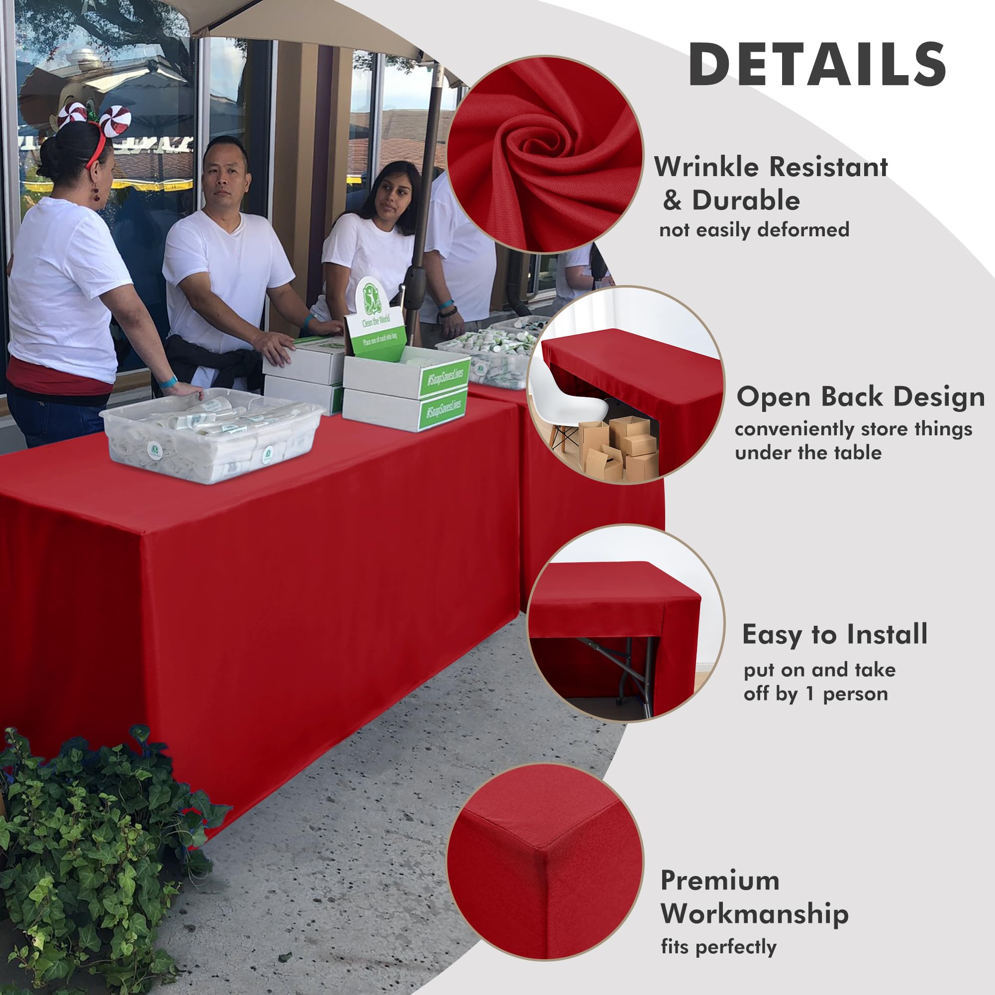 Nasitos cubierta mesa 8 pies roja, diseño versátil para eventos.